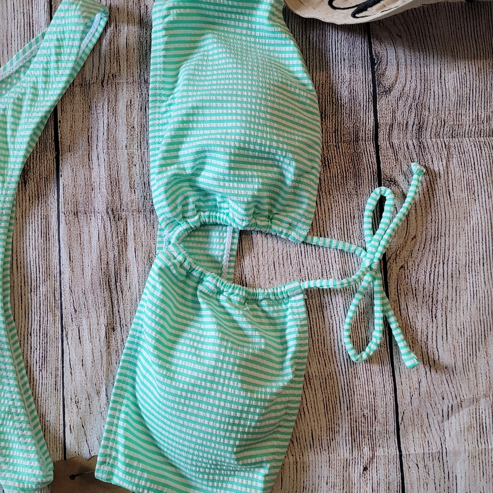 Sexy High Waist Bandeau Mint Striped Bikini✨️ - Picture 4 of 12